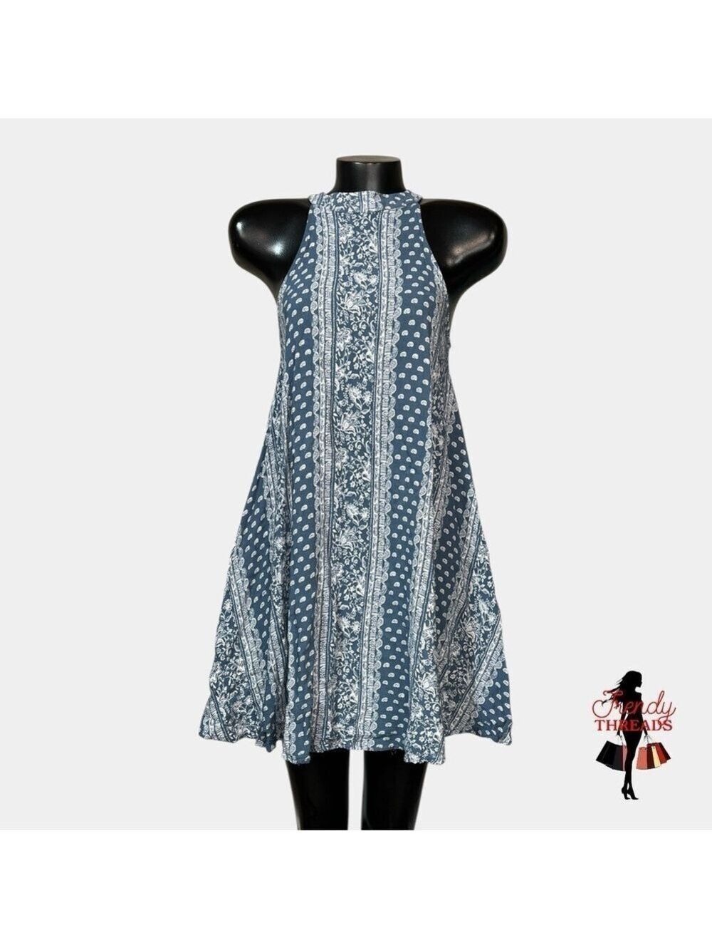 Sage The Label SMALL High Neck Paisley Mini Dress Boho Cottage Relaxed Fit Blue